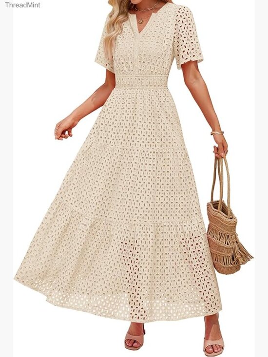 Dresses & Skirts - Summer Maxi Dress V Neck Short Sleeve Eyelet Ruffle A Line Casual
